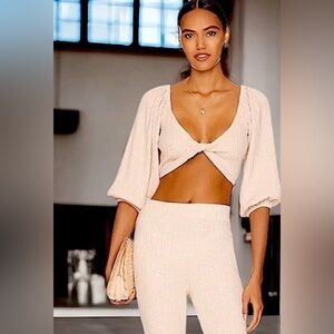 LSPACE Jemma Cropped Top Size Large NWT Long Sleeve Twist Front In Sand